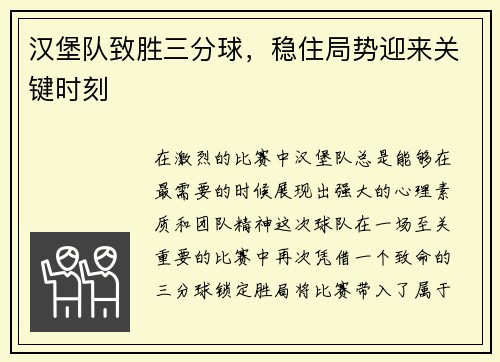 汉堡队致胜三分球，稳住局势迎来关键时刻