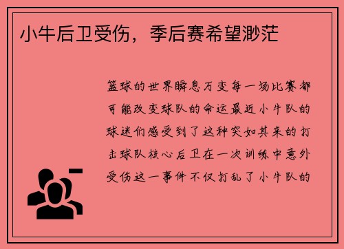 小牛后卫受伤，季后赛希望渺茫